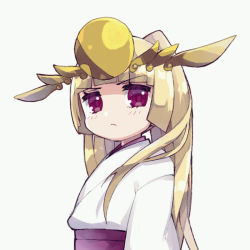 Rule 34 | &gt;:(, 1girl, blonde hair, blunt bangs, blush, closed mouth, grey background, headgear, japanese clothes, kimono, light frown, long hair, looking at viewer, looking to the side, obi, pikomarie, purple eyes, puzzle &amp; dragons, sash, simple background, solo, v-shaped eyebrows, very long hair, white kimono, yomi (p&amp;d)