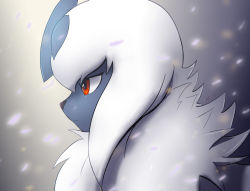 Rule 34 | absol, animal focus, artist name, blurry, closed mouth, creatures (company), dated, eryz, fluffy, from side, game freak, gen 3 pokemon, gradient background, grey background, highres, jpeg artifacts, nintendo, no humans, petals, pokemon, pokemon (creature), profile, short hair, sideways mouth, signature, simple background, solo, upper body, white hair