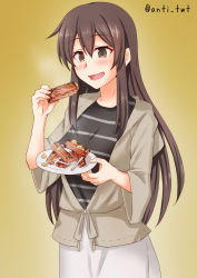 Rule 34 | 1girl, akagi (kancolle), alternate costume, anti (untea9), black shirt, brown background, brown eyes, brown hair, brown jacket, casual, eating, food, fruit, gradient background, grey skirt, hair between eyes, highres, holding, holding plate, jacket, kantai collection, long hair, long sleeves, open mouth, plate, ribs (food), shirt, skirt, solo, straight hair, striped clothes, striped shirt, twitter username