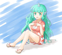 Rule 34 | 1girl, absurdres, blue background, blush stickers, breasts, cloud print, curled fingers, fang, fantuan xie, green eyes, green hair, hands on own chest, highres, horns, kariyushi shirt, knees together feet apart, knees up, komano aunn, long hair, looking at viewer, medium breasts, open mouth, red shirt, sandals, shirt, short sleeves, shorts, simple background, single horn, sitting, solo, touhou, very long hair