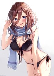 Rule 34 | 1girl, :d, bare arms, bare shoulders, bikini, black bikini, blue eyes, breasts, brown hair, cleavage, commentary request, cowboy shot, fringe trim, front-tie bikini top, front-tie top, go-toubun no hanayome, gradient background, groin, hair between eyes, hand on own thigh, hand up, large breasts, leaning forward, long hair, looking at viewer, nakano miku, navel, open mouth, sakura hiyori, scarf, side-tie bikini bottom, smile, solo, standing, stomach, string bikini, swimsuit, white background