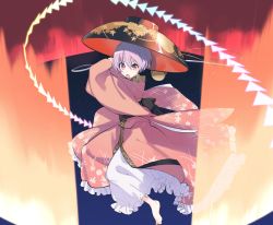 Rule 34 | 1girl, barefoot, bowl, fighting stance, frills, full body, gradient background, japanese clothes, kimono, light purple hair, long sleeves, nakatani, needle, object on head, open mouth, short hair, solo, sukuna shinmyoumaru, touhou, wide sleeves