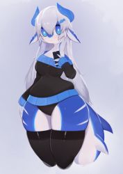 Rule 34 | 1girl, absurdres, animal ears, arm at side, bare shoulders, black panties, black sweater, black thighhighs, blue eyes, blue horns, blue skin, blush, breasts, bright pupils, cellphone, cetacean tail, closed mouth, colored skin, cowboy shot, cropped legs, ears down, expressionless, female focus, fins, fish hair ornament, fish tail, furry, furry female, grey background, grey hair, hair between eyes, hair ornament, hand up, highres, hip focus, holding, holding phone, horns, light blush, long hair, looking at viewer, medium breasts, multicolored skin, off-shoulder sweater, off shoulder, orca girl, original, panties, phone, sidelocks, simple background, skindentation, sleeves past wrists, smartphone, solo, standing, sweater, tail, thick thighs, thighhighs, thighs, two-tone skin, underwear, uyu (soda uyu), white pupils, white skin, wide hips