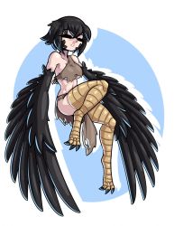 Rule 34 | 1girl, bare shoulders, bird legs, black feathers, black hair, black wings, blue background, breasts, closed eyes, dark souls (series), dark souls iii, facial mark, feathers, harpy, highres, limebreaker, midriff, monster girl, navel, pickle pee pump-a-rum crow, rags, shirt, short hair, single-shoulder shirt, small breasts, smile, talons, two-tone background, underboob, white background, winged arms, wings