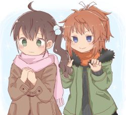 Rule 34 | 2girls, black sweater, blush, brown coat, brown hair, closed mouth, coat, commentary request, fringe trim, fur-trimmed jacket, fur trim, green eyes, green jacket, hair between eyes, hair ornament, hair ribbon, hands up, jacket, koshigaya natsumi, long hair, long sleeves, multiple girls, niizato aoi, non non biyori, open clothes, open jacket, orange scarf, own hands together, pink scarf, ponytail, ribbon, scarf, shika (s1ka), side ponytail, sleeves past wrists, smile, sweater, upper body, v-shaped eyebrows, white ribbon