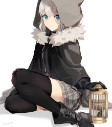 Rule 34 | 1girl, add (fate), aqua eyes, birdcage, black cloak, black gloves, black ribbon, blush, cage, cloak, commentary request, creature, cube, fate (series), fur-trimmed cloak, fur trim, gloves, gray (fate), grey hair, grey skirt, hair between eyes, highres, holding, holding cage, hood, hood up, hooded cloak, lord el-melloi ii case files, miniskirt, motto (night wear), parted lips, ribbon, short hair, signature, simple background, sitting, skirt, teeth, thighhighs, thighs, white background