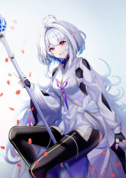 Rule 34 | 1girl, absurdres, ahoge, black gloves, black pants, breasts, fate/grand order, fate/prototype, fate (series), fingerless gloves, gloves, highres, holding, holding staff, long hair, long sleeves, looking at viewer, medium breasts, merlin (fate/prototype), merlin (fate/prototype) (second ascension), pants, purple eyes, robe, smile, soluno98, staff, thighs, very long hair, white hair, white robe, wide sleeves