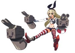 Rule 34 | 10s, 1girl, anchor, ankle boots, black panties, blonde hair, boots, bus7, elbow gloves, gloves, grey footwear, hair ornament, hairband, highleg, highleg panties, kantai collection, long hair, panties, rensouhou-chan, sailor collar, shimakaze (kancolle), striped clothes, striped thighhighs, thighhighs, underwear, white gloves