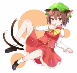 Rule 34 | 1girl, :p, absurdres, animal ear fluff, animal ears, bow, bowtie, brown eyes, brown hair, cat ears, cat tail, chen, clip studio paint (medium), commentary request, dress, earrings, full body, gold trim, hat, highres, iyo (ya na kanji), jewelry, juliet sleeves, licking, licking finger, light blush, long sleeves, mob cap, multiple tails, nekomata, puffy sleeves, red dress, short hair, simple background, single earring, solo, spread legs, tail, tongue, tongue out, touhou, two tails, white background, yellow bow, yellow bowtie