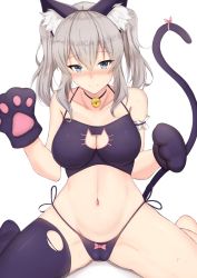Rule 34 | 1girl, 3:, animal ears, animal hands, bare arms, bare shoulders, black bra, black panties, black ribbon, black thighhighs, blue eyes, blush, bow, bow panties, bra, breasts, cameltoe, cat ears, cat lingerie, cat tail, chiyo (pk19981234), cleavage, cleavage cutout, closed mouth, clothing cutout, collarbone, frown, gloves, grey hair, kantai collection, kashima (kancolle), kemonomimi mode, large breasts, long hair, meme attire, navel, nose blush, panties, paw gloves, pink bow, ribbon, side-tie panties, sidelocks, simple background, single thighhigh, sitting, solo, stomach, tail, tail bow, tail ornament, thighhighs, torn clothes, torn thighhighs, twintails, underwear, underwear only, wariza, white background