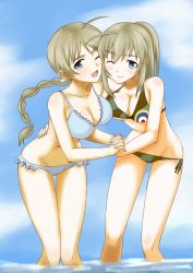 Rule 34 | 2girls, ahoge, bikini, blue eyes, blush, braid, breasts, brown hair, cheek-to-cheek, cleavage, frilled bikini, frills, heads together, highres, large breasts, lynette bishop, multiple girls, niki (t26gfaxt), one eye closed, open mouth, siblings, side-tie bikini bottom, sisters, smile, strike witches, strike witches: katayoku no majo-tachi, swimsuit, thigh gap, wading, wilma bishop, world witches series