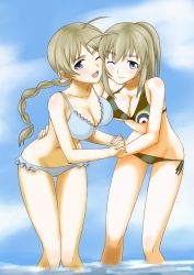 2girls ahoge bikini blue_eyes blush braid breasts brown_hair cheek-to-cheek cleavage frilled_bikini frills heads_together highres large_breasts lynette_bishop multiple_girls niki_(t26gfaxt) one_eye_closed open_mouth siblings side-tie_bikini_bottom sisters smile strike_witches strike_witches:_katayoku_no_majo-tachi swimsuit thigh_gap wading wilma_bishop world_witches_series