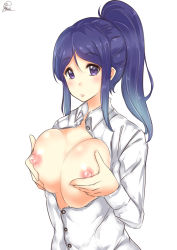 Rule 34 | 10s, 1girl, blue hair, blush, breasts squeezed together, breasts, closed mouth, highres, kaya (yoshina9), large breasts, long hair, looking at viewer, love live!, love live! sunshine!!, matsuura kanan, nipples, no bra, ponytail, purple eyes, signature, simple background, solo, standing, unbuttoned, white background