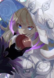 Rule 34 | 1girl, asymmetrical sleeves, blonde hair, bow, breasts, detached sleeves, diabellze the original sinkeeper, duel monster, gloves, hat, hat bow, highres, long hair, looking at viewer, multicolored hair, open mouth, purple hair, solo, streaked hair, witch, witch hat, you v kihu, yu-gi-oh!