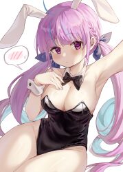 Rule 34 | 1girl, animal ears, bare legs, black leotard, blue hair, bow, bowtie, breasts, cleavage, commentary request, detached collar, highres, hololive, leotard, long hair, looking at viewer, medium breasts, minato aqua, multicolored hair, pantyhose, playboy bunny, rabbit ears, solo, spoken blush, strapless, strapless leotard, tazaki yokka, two-tone hair, variant set, virtual youtuber, wrist cuffs