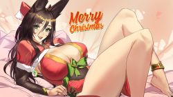 Rule 34 | 1girl, animal ears, barefoot, black hair, blue eyes, breasts, christmas, cleavage, feet, fox ears, fox girl, ja mong, large breasts, leaning back, looking at viewer, merry christmas, original, ribbon, santa costume, thick thighs, thighs