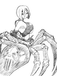 Rule 34 | 10s, 1girl, arachne, arthropod girl, breasts, carapace, claws, extra eyes, from behind, fudan no ha, greyscale, hair over one eye, highres, insect girl, large breasts, looking back, monochrome, monster girl, monster musume no iru nichijou, multiple legs, rachnera arachnera, short hair, sketch, smile, solo, spider girl, taur