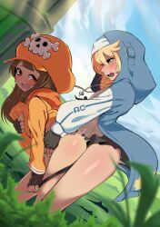 Rule 34 | 1boy, 1girl, absurdres, bent over, black gloves, black shorts, blonde hair, blue eyes, blue jacket, blue sky, bridget (guilty gear), brown hair, chromodomo, clothes lift, clothes pull, cloud, day, embarrassed, eyebrows, eyelashes, fingerless gloves, gloves, guilty gear, guilty gear strive, hat, hetero, highres, hood, hood down, hood up, hooded jacket, hoodie, hoodie lift, jacket, lifted by self, long hair, long sleeves, looking at another, looking back, looking down, may (guilty gear), multicolored clothes, multicolored jacket, naughty face, open clothes, open jacket, open mouth, orange eyes, orange headwear, orange hoodie, outdoors, petite, profile, pulled by self, saliva, sex, sex from behind, shirt, shorts, shorts pull, sky, standing, standing sex, teeth, tongue, trap, trap on female, two-tone jacket, vaginal, waist grab, white jacket, white shirt