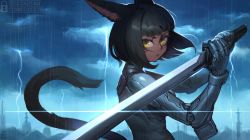 Rule 34 | 1girl, animal ears, artist name, warrior of light (ff14), black hair, cat ears, cat tail, commission, cyberpunk, cyborg, dark-skinned female, dark skin, final fantasy, final fantasy xiv, highres, holding, holding sword, holding weapon, joints, lightning bolt symbol, looking at viewer, miqo&#039;te, rain, robot joints, slit pupils, solo, sword, tail, tostantan, weapon, yellow eyes