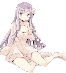 Rule 34 | 1girl, absurdres, alternate costume, arm support, blush, breasts, cleavage, clothes grab, collarbone, commentary request, crescent, crescent hair ornament, dress, expressionless, hair ornament, hair ribbon, hand on own chest, highres, light purple hair, long hair, long sleeves, looking at viewer, medium breasts, mukuroi, no headwear, off shoulder, patchouli knowledge, pink dress, pink socks, purple eyes, ribbon, shadow, simple background, sitting, sleeves past fingers, sleeves past wrists, sock dangle, socks, solo, sweater, sweater dress, tareme, touhou, tress ribbon, very long hair, white background, yokozuwari
