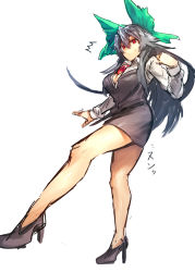 Rule 34 | 1girl, ^^^, absurdres, alternate costume, black legwear, black skirt, bow, breasts, cleavage, collared shirt, contemporary, green bow, hair bow, high heels, highres, legs, long hair, long sleeves, melon22, office lady, pencil skirt, red eyes, reiuji utsuho, shirt, simple background, skirt, solo, sweatdrop, third eye, touhou, very long hair, vest, white background