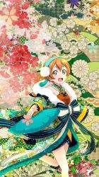 Rule 34 | 10s, 1girl, :d, artist request, bow, hand fan, floral background, folding fan, green eyes, holding fan, hoshizora rin, japanese clothes, kimono, looking at viewer, love live!, love live! school idol festival, love live! school idol project, official art, open mouth, orange hair, short hair, smile, solo, third-party edit