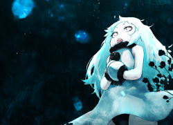 Rule 34 | 1girl, abyssal ship, air bubble, bubble, caustics, colored skin, dress, eyelashes, flower, from below, kantai collection, looking up, mittens, nina (ninageya), northern ocean princess, open mouth, orange eyes, own hands together, silhouette, sketch, solo, underwater, white dress, white hair, white skin