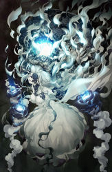 Rule 34 | 10s, 1girl, abyssal jellyfish princess, abyssal ship, aka ringo, breasts, cleavage, collar, commentary request, dark background, dress, floating, floating hair, glowing, grey eyes, hat, highres, kantai collection, large breasts, long hair, long sleeves, off shoulder, one eye covered, open mouth, outstretched arms, solo, spread arms, strapless, strapless dress, underwater, white hair, wide sleeves