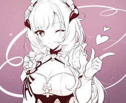 Rule 34 | 1girl, alternate costume, blowing kiss, breasts, cleavage, closed mouth, elysia (honkai impact), enmaided, frills, hair between eyes, heart, honkai (series), honkai impact 3rd, index finger raised, long hair, looking at viewer, maid, maid headdress, one eye closed, pink background, pointy ears, ponytail, shiki (shiki1230), short sleeves, smile, solo, white eyes, white hair