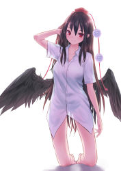 Rule 34 | 1girl, alternate hairstyle, arm up, barefoot, black wings, blush, breasts, collarbone, commentary request, feathered wings, hair between eyes, hand in own hair, hat, head tilt, highres, kneeling, long hair, medium breasts, naked shirt, pom pom (clothes), roke (taikodon), see-through, shadow, shameimaru aya, shirt, short sleeves, sidelocks, simple background, solo, tassel, thighs, tokin hat, touhou, very long hair, white background, white shirt, wing collar, wings