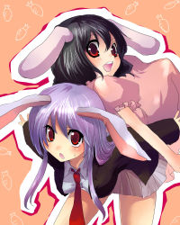 Rule 34 | 2girls, animal ears, back-to-back, bad id, bad pixiv id, black hair, blazer, blush, breasts, carrot, carrying, female focus, inaba tewi, jacket, kobanzame, light purple hair, long hair, multiple girls, necktie, open mouth, outstretched arms, rabbit ears, red eyes, red necktie, reisen udongein inaba, short hair, simple background, smile, spread arms, sweatdrop, touhou