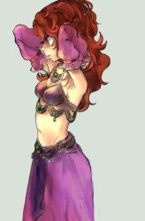 Rule 34 | 1girl, breasts, cleavage, commentary request, curly hair, dragon quest, dragon quest vii, green eyes, harem outfit, highres, long hair, maribel (dq7), open mouth, red hair, simple background, solo