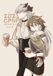 Rule 34 | 2girls, absurdres, arknights, black-framed eyewear, black collar, black pants, black shorts, breasts, brown background, brown eyes, brown hair, brown scarf, brown shirt, cleavage, closed mouth, coffee cup, collar, collarbone, collared shirt, commentary request, cup, disposable cup, dress shirt, fringe trim, glasses, grey hair, highres, holding, holding cup, horns, lgghcjj, long hair, looking at viewer, looking away, multiple girls, nail polish, pants, parted lips, red nails, saria (arknights), scarf, semi-rimless eyewear, shirt, short shorts, shorts, silence (arknights), simple background, small breasts, smile, under-rim eyewear, very long hair, watch, wife and wife, wristwatch, yuri