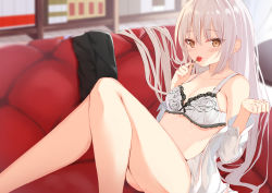 Rule 34 | 1girl, bare legs, bare shoulders, blurry, blurry background, blush, bra, breasts, brown eyes, cherry, cleavage, collarbone, commentary, couch, depth of field, feet out of frame, food, fruit, grey hair, hair between eyes, hands up, highres, hikashou, holding, holding food, indoors, knees up, long hair, long sleeves, looking at viewer, off shoulder, on couch, open clothes, open shirt, original, parted lips, shirt, small breasts, solo, symbol-only commentary, underwear, very long hair, white bra, white shirt