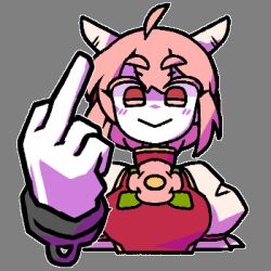 Rule 34 | 1girl, ahoge, blush, breasts, closed mouth, commentary, cuffs, english commentary, grey background, horns, ibaraki douji&#039;s arm, looking at viewer, lowres, middle finger, pink eyes, pink hair, shackles, short eyebrows, short hair, silverfox (peculiosa), simple background, smile, solo, tabard, touhou, upper body, variant set