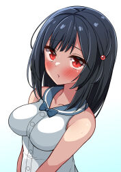 Rule 34 | 1girl, bare shoulders, black hair, breasts, granblue fantasy, hair ornament, hairclip, hekomii, highres, impossible clothes, impossible shirt, looking at viewer, medium breasts, open mouth, red eyes, shirt, sleeveless, sleeveless shirt, solo, upper body, vikala (granblue fantasy)