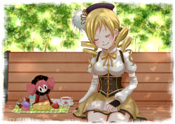 Rule 34 | 10s, 1girl, bench, beret, blonde hair, book, breasts, candy, charlotte (madoka magica), cheese, closed eyes, cookie, cup, cupcake, detached sleeves, drill hair, fingerless gloves, food, fruit, gloves, hair ornament, hat, large breasts, macaron, magical girl, mahou shoujo madoka magica, mahou shoujo madoka magica (anime), outdoors, pleated skirt, rapi (rapikani0503), saucer, shade, shirt, sitting, skirt, strawberry, swiss cheese, taut clothes, taut shirt, tea, teacup, tomoe mami, tree