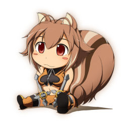 Rule 34 | 1girl, :3, animal ears, antenna hair, arc system works, blazblue, blazblue: continuum shift, breasts, brown hair, chibi, makoto nanaya, midriff, mirano, navel, red eyes, sitting, solo, squirrel ears, squirrel tail, tail, thighhighs, tonfa, underboob, weapon