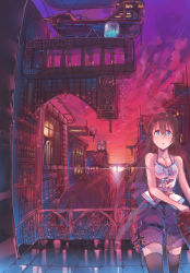 Rule 34 | 1girl, :o, aircraft, balcony, bare shoulders, belt, blue eyes, bow, bra strap, breasts, briefcase, brown hair, building, city, cleavage, dirigible, fantasy, hair between eyes, highres, ironwork, lens flare, light particles, long hair, looking at viewer, miro (a87859660), original, outdoors, parted lips, pen, pencil, pouch, purple theme, railing, red sky, sash, scenery, shirt, shorts, sky, sleeveless, sleeveless shirt, solo, spaghetti strap, station, sunset, thighhighs