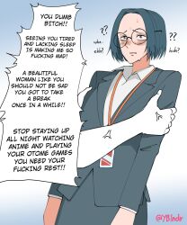 Rule 34 | 1girl, 1other, ?, blue eyes, blue hair, blue jacket, blue skirt, blush, collared shirt, commentary, confused, english commentary, glasses, highres, holding another&#039;s arm, id card, jacket, office lady, open mouth, original, profanity, round eyewear, shaking, shirt, skirt, speech bubble, sweatdrop, veins, white background, white shirt, yblndr