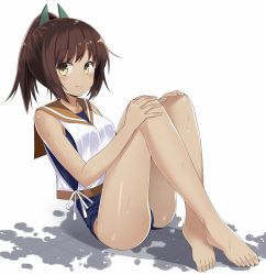 Rule 34 | 10s, 1girl, 501092-taka, bare legs, bare shoulders, barefoot, blue one-piece swimsuit, blush, breasts, brown hair, dark skin, dark-skinned female, feet, hair ornament, hands on own knees, i-401 (kancolle), kantai collection, looking at viewer, one-piece swimsuit, ponytail, sitting, smile, solo, swimsuit, swimsuit under clothes, tank top, wet, yellow eyes