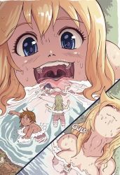 Rule 34 | 5girls, bathing, blonde hair, blue eyes, breasts, brown hair, crisis, closed eyes, giant, giantess, karbo, medium breasts, multiple girls, nipples, nude, open mouth, partially submerged, ponytail, smile, swallowing, swimming, teeth, throat bulge, uvula, vore, water