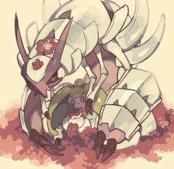 Rule 34 | bad id, bad pixiv id, claws, closed eyes, creatures (company), extra arms, field, flower, flower field, game freak, gen 7 pokemon, golisopod, holding, holding flower, looking at viewer, maru (umc a), nintendo, pink eyes, pokemon, pokemon (creature), red flower, shadow, sitting, smile, steenee, yellow background