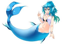 Rule 34 | 1girl, :d, absurdres, bad id, bad twitter id, bikini, black bikini, blue eyes, blue hair, bracelet, earrings, fang, fins, full body, hair between eyes, hand up, head fins, highres, index finger raised, jewelry, looking at viewer, mermaid, monster girl, navel, open mouth, original, ponytail, simple background, smile, solo, suruga (xsurugax), swimsuit, white background