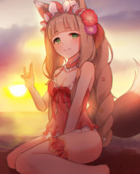 Rule 34 | 1girl, animal ear fluff, animal ears, bare arms, bare shoulders, barefoot, between legs, blunt bangs, blush, braid, breasts, brown hair, casual one-piece swimsuit, cleavage, closed mouth, commentary request, fox ears, fox girl, fox shadow puppet, fox tail, gadeung hye, green eyes, hand between legs, hand up, horizon, long hair, looking at viewer, maho (princess connect!), maho (summer) (princess connect!), medium breasts, ocean, one-piece swimsuit, outdoors, princess connect!, red one-piece swimsuit, sitting, smile, solo, sun, sunset, swimsuit, tail, very long hair, wariza, water