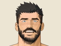 Rule 34 | 1boy, bara, beard, blue eyes, blush, close-up, facial hair, feet out of frame, from above, katto8452, looking at viewer, lying, male focus, mature male, mustache, on back, open mouth, original, paid reward available, sanpaku, short hair, solo, spread legs, sweat, tearing up, thick eyebrows, thick mustache, undercut