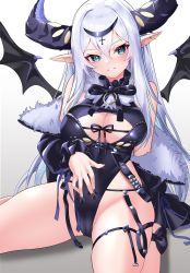 Rule 34 | 1girl, absurdres, arm support, bare shoulders, bat wings, black nails, blush, breasts, cameltoe, circlet, cleavage cutout, cleft of venus, clothing cutout, commentary request, cross, ear piercing, green eyes, hand on own stomach, high collar, highleg, highleg leotard, highres, horns, large breasts, leotard, long hair, looking at viewer, nail polish, off-shoulder jacket, off shoulder, on floor, original, panamuru, piercing, pointy ears, silver hair, simple background, sitting, slit pupils, smile, spread legs, thigh strap, very long hair, wariza, white background, wings
