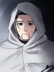 Rule 34 | 1boy, bad id, bad pixiv id, black eyes, black hair, buttons, cloak, closed mouth, commentary request, dark background, facial hair, facial scar, goatee, golden kamuy, gun, hair strand, highres, hood, hood up, hooded cloak, imperial japanese army, looking at viewer, male focus, menma kozo, military, military uniform, ogata hyakunosuke, rifle, scar, scar on cheek, scar on face, short hair, simple background, solo, stubble, uniform, upper body, weapon, white cloak