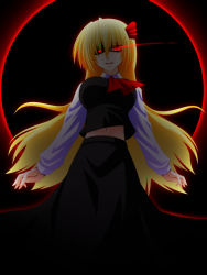 Rule 34 | 1girl, blonde hair, breasts, engo (aquawatery), female focus, from below, glowing, glowing eyes, hair ribbon, large breasts, long hair, long skirt, looking at viewer, looking down, midriff, aged up, red eyes, ribbon, rumia, skirt, skirt set, slit pupils, solo, touhou, very long hair