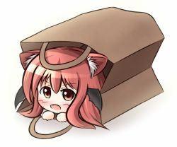 Rule 34 | 1girl, animal ears, bad id, bad pixiv id, bag, blush, brown eyes, cat ears, cat girl, chibi, embodiment of scarlet devil, fang, female focus, head wings, in container, kemonomimi mode, koakuma, open mouth, red hair, solo, touhou, uruc, wings